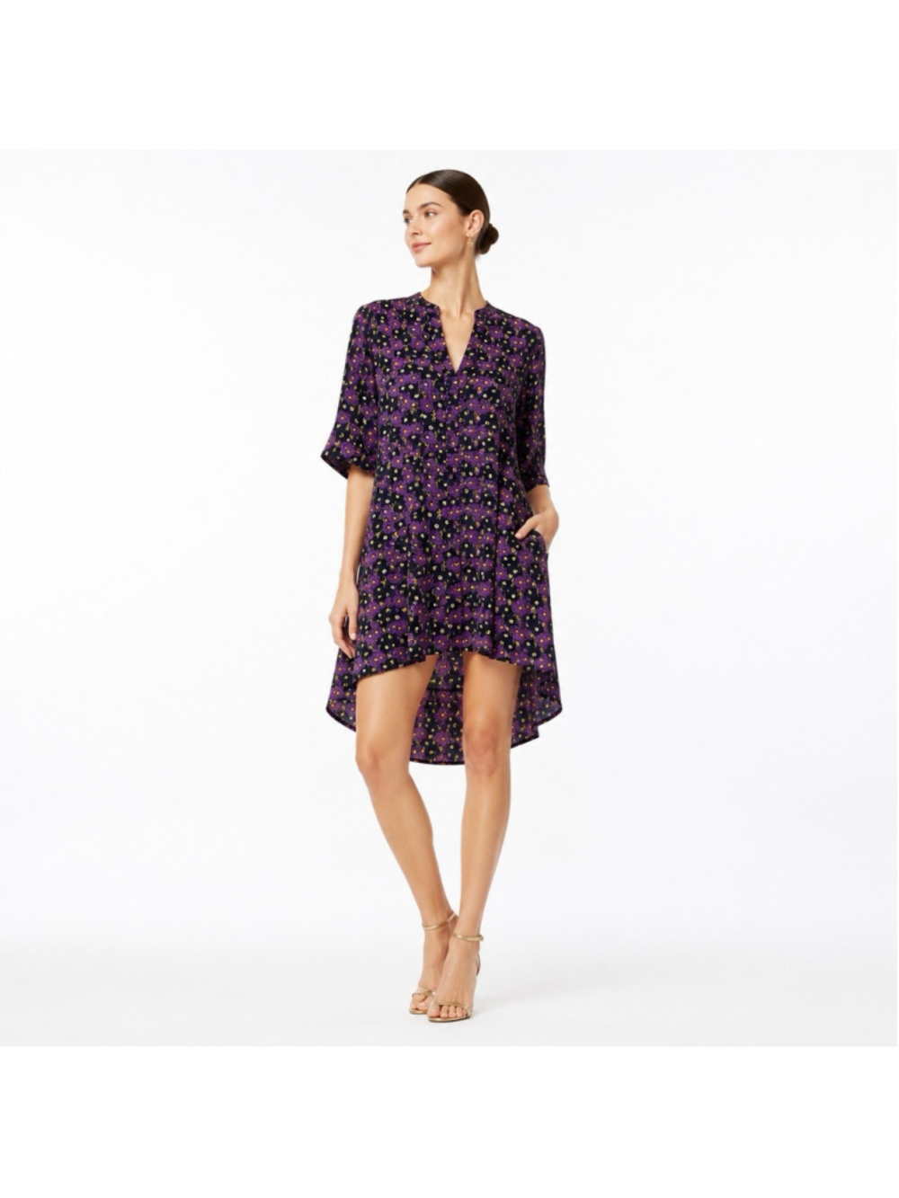 Lela Rose Flowy Asymmetrical Purple Floral Tunic Mini Dress S